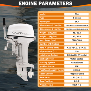 Nouveau moteur Calon T20 2 temps 20 CV 326 cm³ 2 cylindres essence pour bateau, refroidissement par eau, allumage CDI, kayak, canoë - Product Image 3