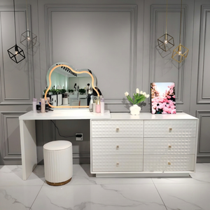 Modern White <b>Makeup</b> Vanity Table with Lighted <b>Mirror</b> and Storage Drawers for Bedroom Furniture - Product Image 2