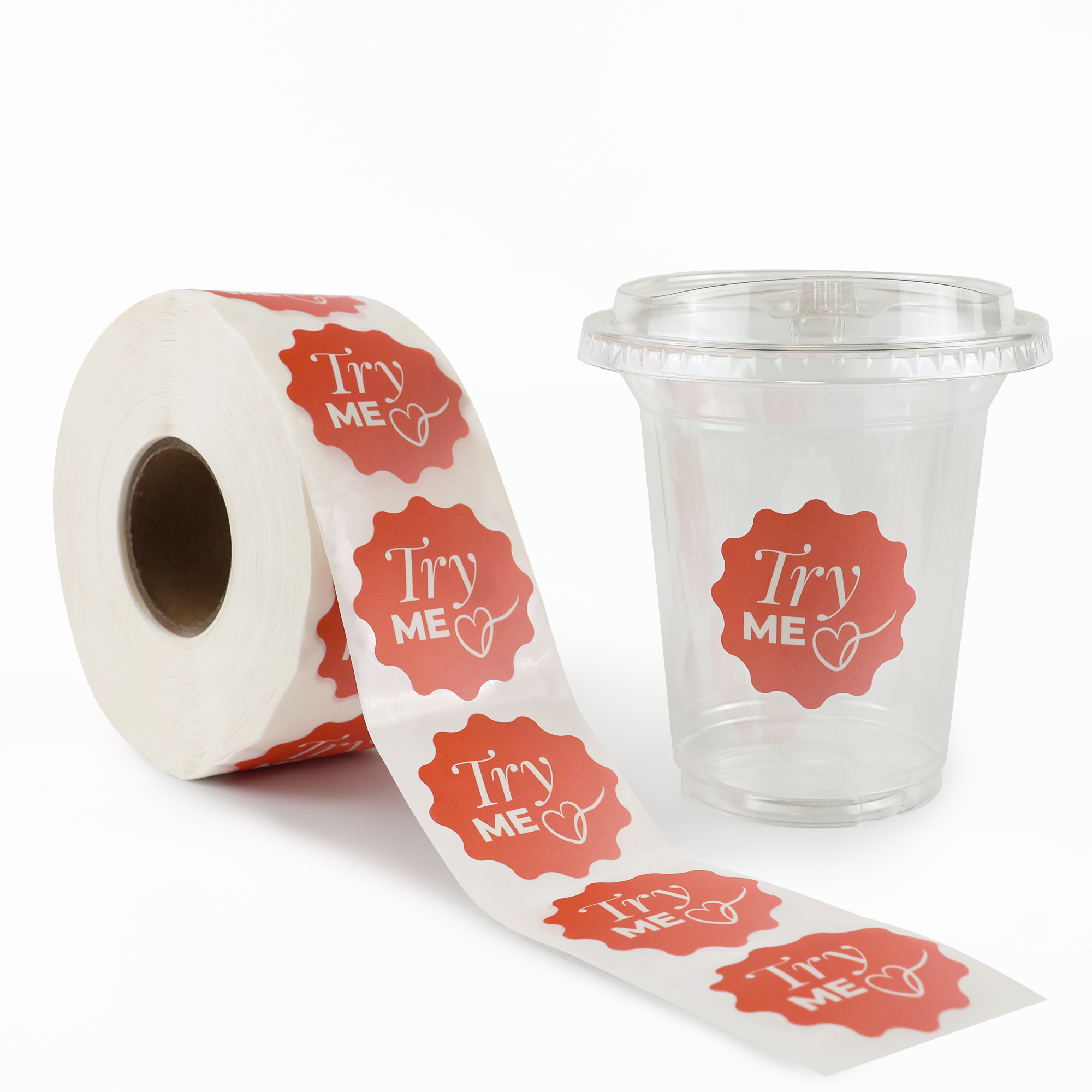 Custom Try Me Sample Stickers For Beverage Cup Packaging Scallop Promo Labels For Tasting Drinks Cafes Events And Retail Shops