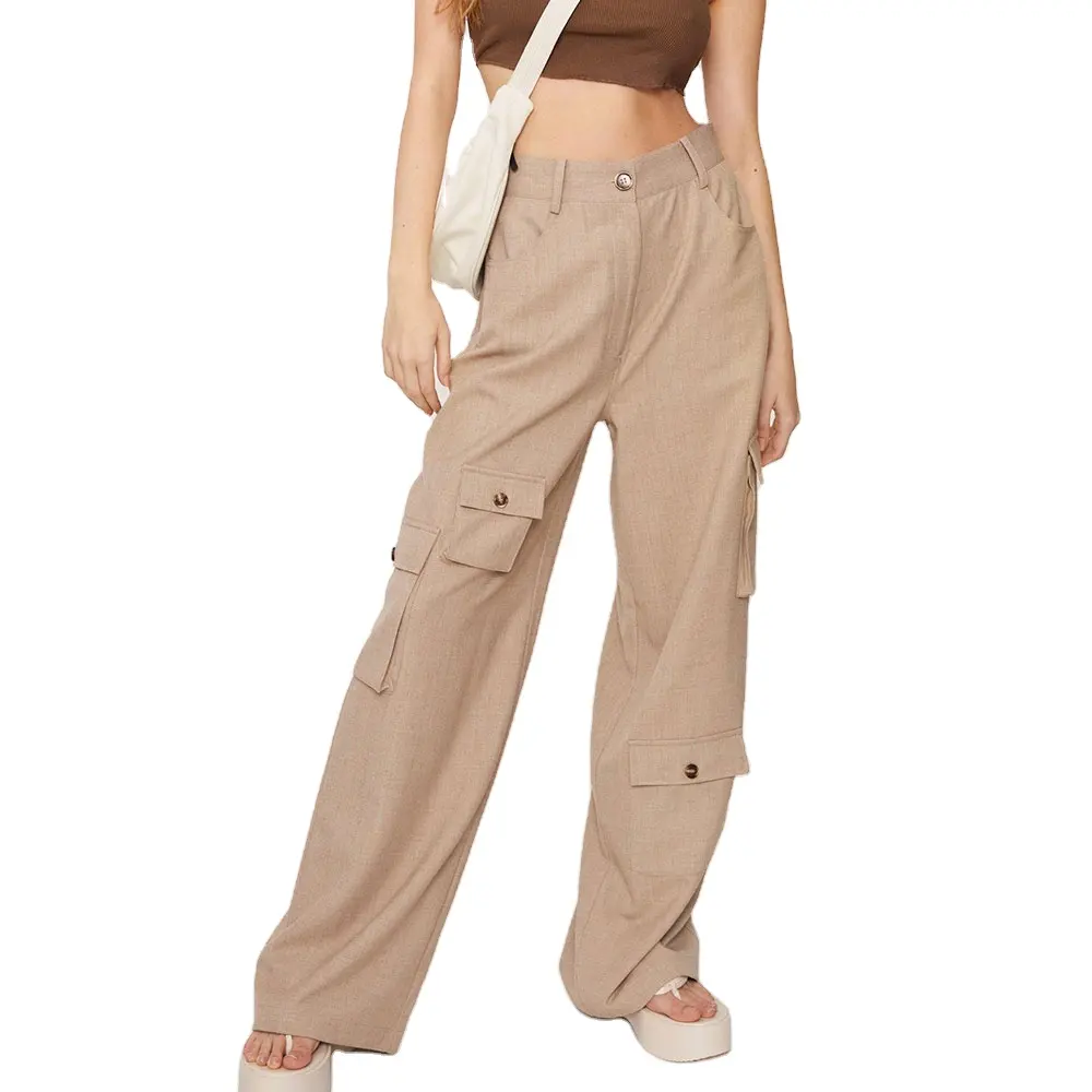 Customize Ladies High Street Utility Trousers Women Pure Cotton High Waist Blank Multiple Pocket Straight Leg Cargo Pants