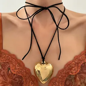 European American Cross-Border Jewelry Pull Adjustable Wax Cord Large Heart Pendant Personalized Long Tassel Necklace Adjustable