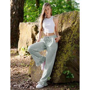 Pantalones de descanso a rayas para mujer, de algodón, con cintura elástica, dobladillo con volantes, cómodos, con cordón, pantalones de pijama, ropa de dormir - Product Image 6