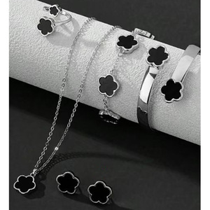 5Pcs Five Petal Flower Jewelry <b>Set</b> Alloy Necklace Bracelet <b>Bangle</b> Earring Ring Floral Stackable Daily Women Jewelry - Product Image 1