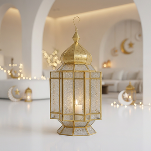 2027 Ramadan Decorative <b>Brass</b> Metal Moroccan Candle <b>Lantern</b> with Floral Glass for Table and Hanging - Product Image 6