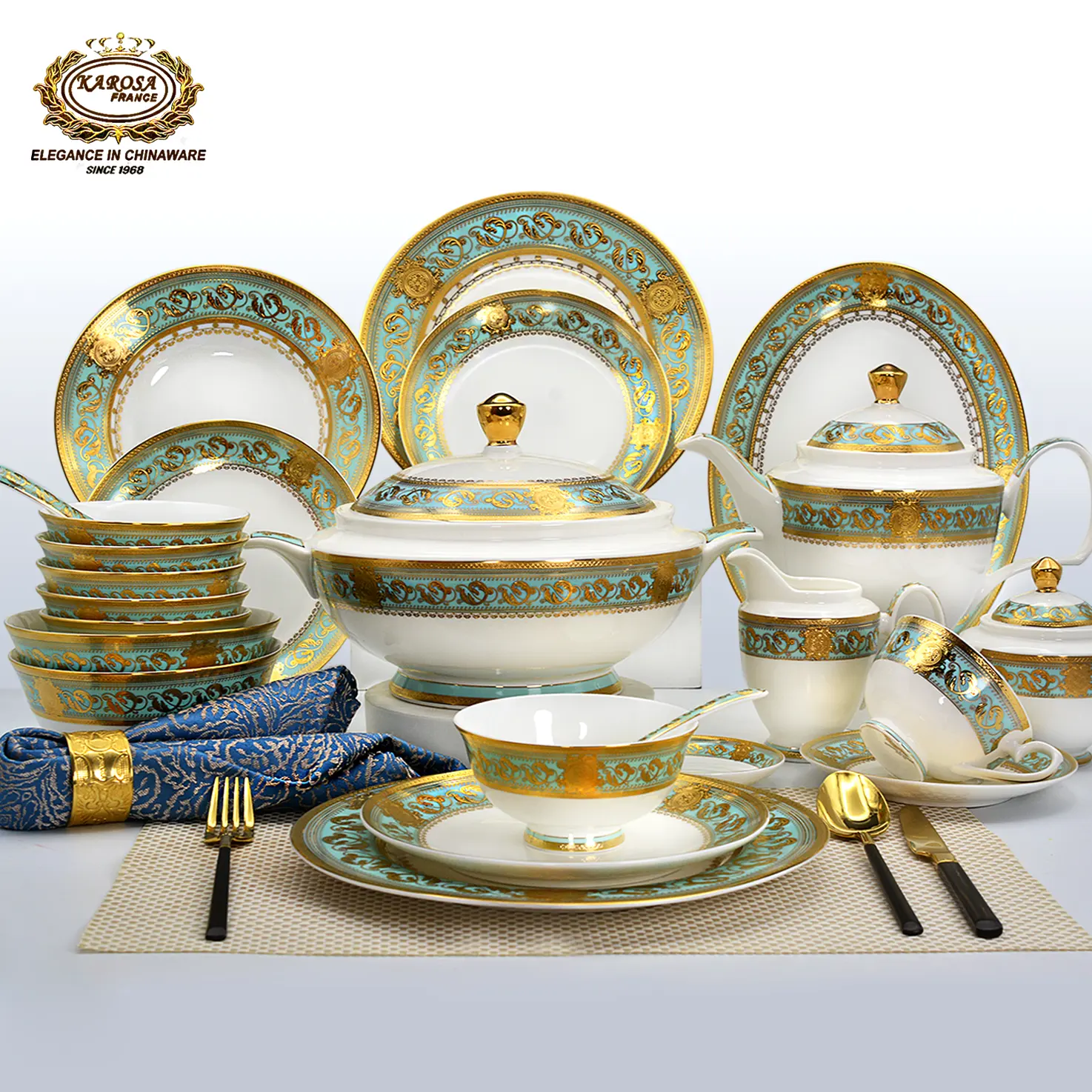 Ensemble complet de dîner en relief or de haute qualité, assiettes de luxe, vaisselle, 98 pièces, Offre Spéciale