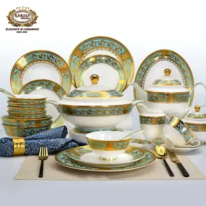 98pcs Hot Sale High Quality Embossed Gold Dinner Full Set Luxury Plate Tableware Dish Sets
