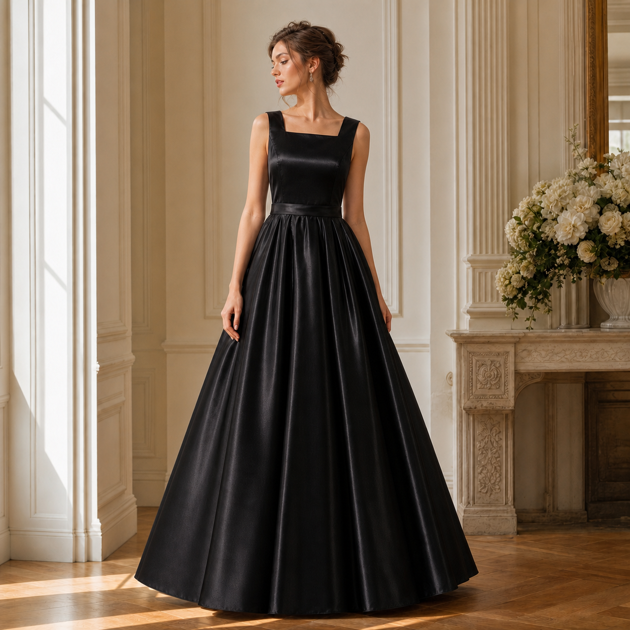 satin square neck tank bridesmaid dress Black Elastic A-Line Floor Length Large Bow Back Wedding Guest Dress train bridesmaid dress is