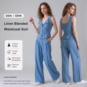 Ensemble 2 pièces sur mesure <span class=keywords><strong>en</strong></span> coton et <span class=keywords><strong>lin</strong></span> pour <span class=keywords><strong>femme</strong></span> : Gilet sans manches à bordure <span class=keywords><strong>en</strong></span> dentelle et pantalon plissé ample à jambes larges - Product Image 1