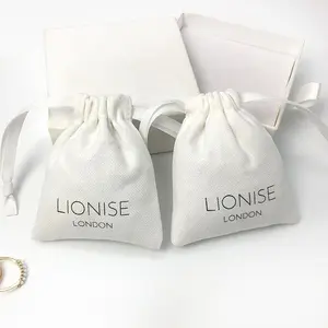 Promotional Custom Logo White Cotton Canvas Drawstring Bag Eco Friendly Jewelry Ring Earrings Gift Packaging Bags