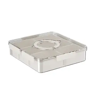מיכל קופסת חטיפים שקופה 6 תאים מפלסטיק, ניתן להסרה מגש הגשה לחטיפים שקוף מחולק עם מכסה וידית