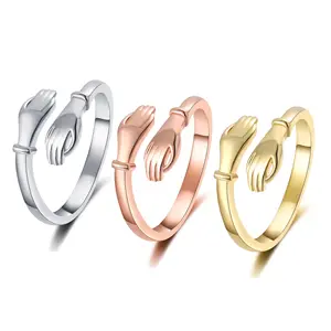 New Fashion Hollow Double Layer Cuban Chain Hand Hug Rings Open Adjustable Heart Shaped Rings Creative Love Hug Opening Ring