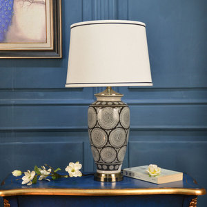 Hiện đại Châu Âu phòng ngủ gốm màu xanh trắng Bảng Đèn điện vải trống bóng râm tiết kiệm năng lượng 220V AC cổ điển truyền thống - Product Image 3