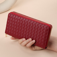Dompet ponsel kulit PU wanita, tas ponsel kulit PU panjang baru pola tenun ritsleting kapasitas besar
