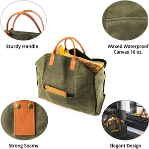 Outdoor Custom Logo Storage Waxed Canvas <strong>Log</strong> <strong>Carrier</strong> Tote Firewood <strong>Carrier</strong> Bag With Pu Handle - Product Image 3