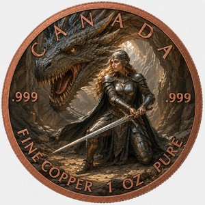 Pièce de monnaie en cuivre pur .999 de 1 oz, Canada, Dragon de la Caverne, Chevalière Guerrière, Fantaisie, Pièce de collection ronde en cuivre - Product Image 1