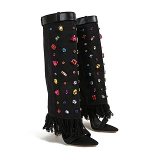 Women Colorful Diamonds Summer <b>Shoes</b> Denim High Heels Stiletto Knee High Boots Open Toe Overlay Fringes Sandals - Product Image 6