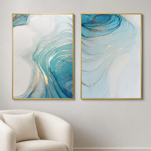 Stampa d'Arte Astratta Teal White Still Life su Tre Pannelli, Immagine a Colori Fluidi per Soggiorno, Hotel, Interni Moderni - Product Image 6