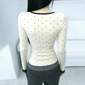Sweet & Girly Fitted Polka Dot Knitted <b>Top</b> with V-Neck Lace Panel Details-<b>Compressed</b> Digital Printing Flattering Feminine Blouse - Product Image 6