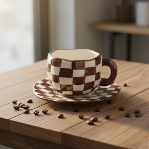 Conjunto de Xícara e Pires de Café em Porcelana Bone China Madou, Pintado à Mão, com Padrão Xadrez Marrom, Design Exquisito e Adorável, Presentes Corporativos, Ecológico - Product Image 1