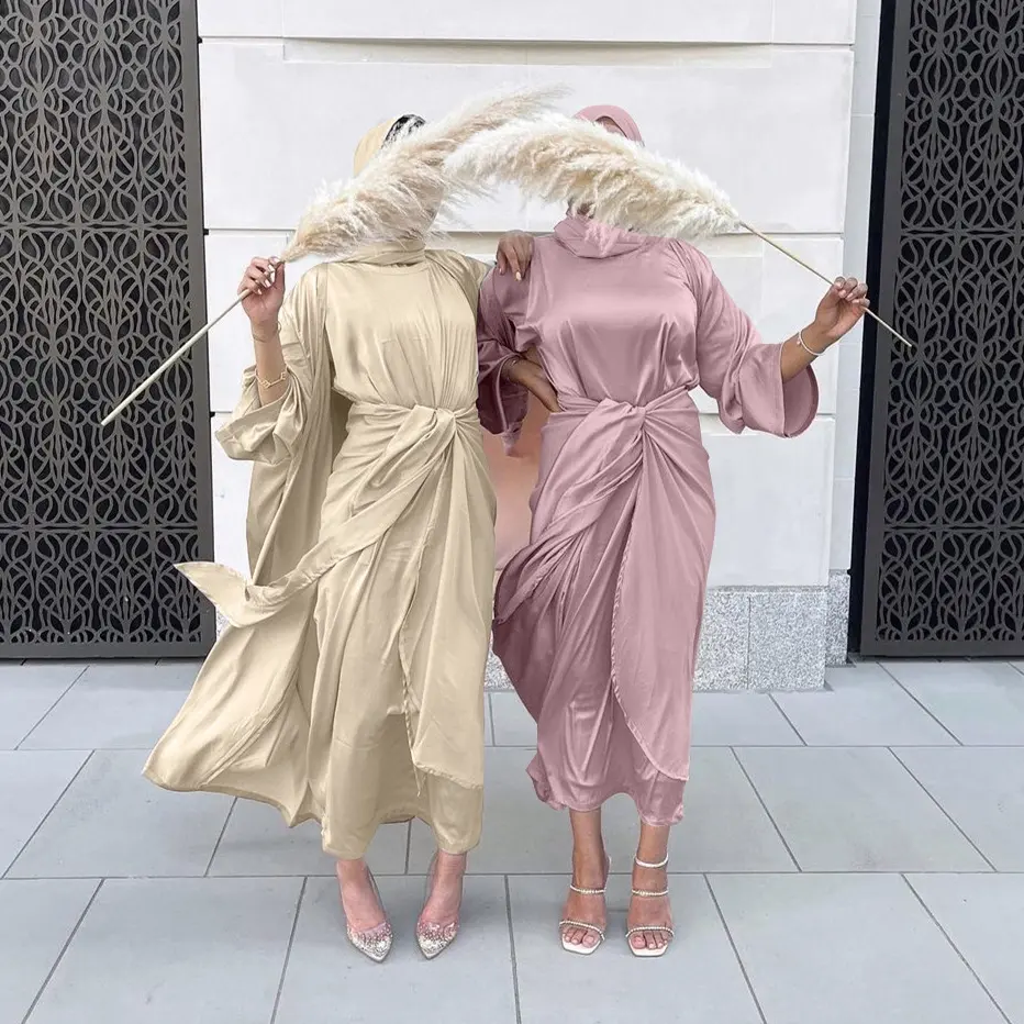 J & H moda zarif 2XL artı boyutu giyim başörtüsü müslüman uzun elbise 3 parça setleri ipek düz renk kadın elbiseleri arapça giysiler