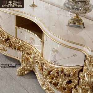 Meuble TV et <span class=keywords><strong>table</strong></span> basse combinés en bois massif doré de style européen, sculptés et <span class=keywords><strong>d</strong></span>écoratifs, pour le salon - Product Image 2