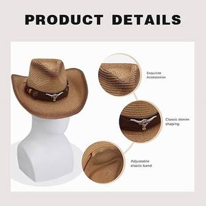 Chapeaux <span class=keywords><strong>de</strong></span> cowboy en <span class=keywords><strong>paille</strong></span> pour femmes et hommes, <span class=keywords><strong>chapeau</strong></span> <span class=keywords><strong>de</strong></span> cowgirl western à large bord, <span class=keywords><strong>chapeau</strong></span> <span class=keywords><strong>de</strong></span> soleil pour voyage, vacances et plage - Product Image 2