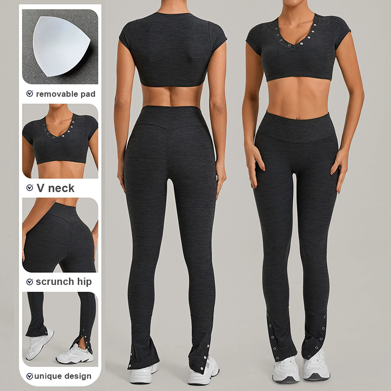 Heather 2 Piece Yoga Set Button up V-Neck Crop Top with Removable Pads Scrunch Butt Flare Leggings Snap Split Hem Workout Suit
