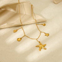 Collar de Estrella de la Serie Océano, Joyería Impermeable, Chapado en Oro de 18K, Cadena de Acero Inoxidable con Eslabones de Pez, Colgantes de Concha y Estrella de Mar