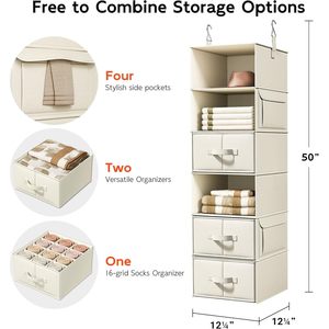 6-<b>Shelf</b> Hanging Closet Organizer With 3 Drawers 33x15x85cm For Wardrobe Storage Clothing Organizer Rectangular <b>Hook</b> - Product Image 3