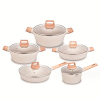 Set peralatan masak induksi aluminium putih 10 buah, panci masak anti lengket kualitas tinggi gagang kayu untuk Penggunaan dapur rumah