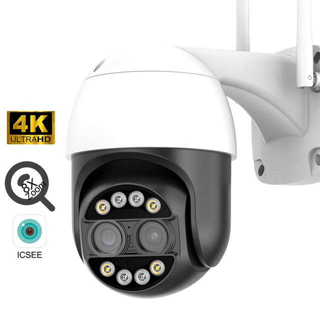 WiFi IP Camera 8MP Dual Lens 8X Zoom 4K PTZ Outdoor AI Human Tracking CCTV Audio Home Security Surveillance Camera