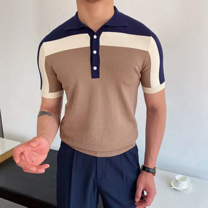 2022 Polo Shirt Man Stripe Print Patchwork Knitting Casual Lapel Pullover Summer Fashion Men Short Sleeve Slim Polo Shirt