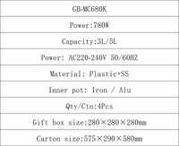 Autocuiseur Électrique GB-MC680K 3L avec Minuteur Mécanique, 780W, Revêtement Antiadhésif en Acier Inoxydable, pour Vente en Gros