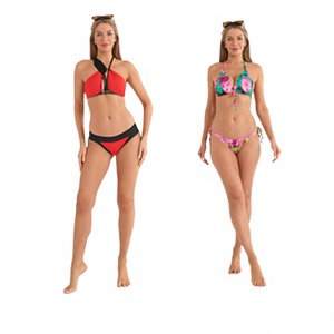 Ensemble bikini 2 pièces froncé pour femme, haut croisé à imprimé floral et bas string, en Spandex/Polyester extensible, coupe classique - Product Image 2