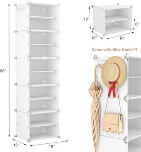 Meuble de rangement à chaussures à 10 niveaux, portable, étroit, en plastique blanc avec crochets pour entrée ou chambre - Product Image 3