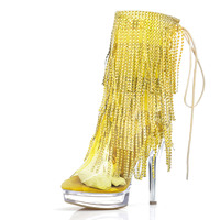 Bottines à plateforme transparente de 13 cm (5 pouces) à semelle épaisse, avec fines lanières, strass et pompons, style gothique exotique, bout ouvert, pour boîte de nuit, printemps-été