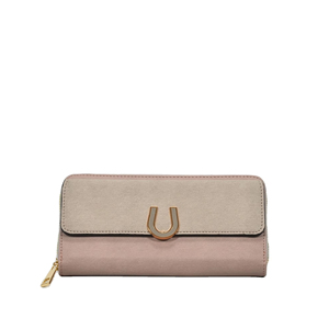 Portefeuille long zippé décontracté pour femme, style color block en similicuir, porte-cartes multi-compartiments avec boucle fer à cheval - Product Image 1