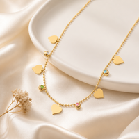 Collier multi-breloques en acier inoxydable inaltérable avec chaîne à billes dorée et gouttes de cristal colorées, bijoux tendance pour femme