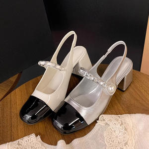 Nouvelles sandales à talon bloc pour femmes, style rétro, bout rond, couleur contrastée, bout fermé, sans dos, bride à la cheville, style Mary Jane - Product Image 5
