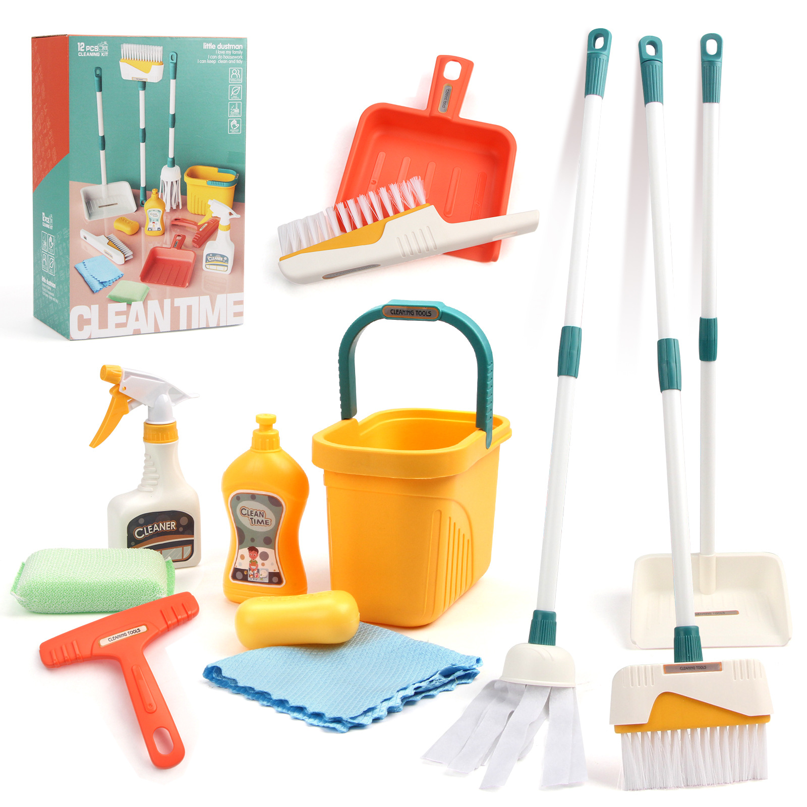 12 Pcs/set Kids Cleaning Set Housework Supplies with Dustpan Broom Bucket Mop Cleaning Set Play House Toys for Boys Girls