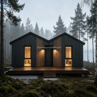 Maison de luxe style Forêt Nordique, 3 chambres, 2 salles de bain, bardage foncé, revêtement en acier, toit en métal à double pignon, portes coulissantes, terrasse en L, vue sur le lac, clé en main