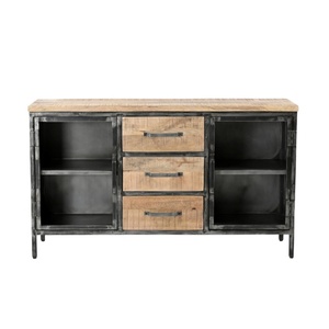 Aparador de la mejor calidad con 2 puertas de vidrio y 3 cajones, acabado natural, material de metal/madera de mango. - Product Image 1