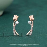 Boucles d'oreilles clous fantaisie en argent sterling 925 plaqué or rose, motif tulipe coquillage et perles d'imitation, pour femme