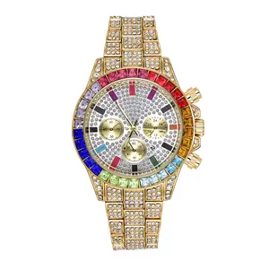 Montre de luxe plein pierre glacée pour hommes, montre en cristal et diamant coloré