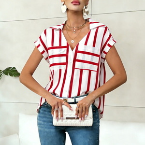 Nueva Llegada, Camisa a Rayas para Mujer Estilo Europeo Americano, Cuello en V Holgado con Bolsillo, Blusa Informal con Cuello para Uso Diario - Product Image 3