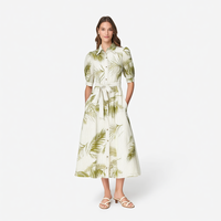 Robe midi pour femme personnalisée, vert ivoire, à rayures et imprimé botanique, col chemise, manches bouffantes, boutonnée sur le devant, taille nouée, coupe trapèze, vente en gros