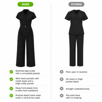 Combinaison médicale pour femmes, col à revers, jambes larges plissées, taille froncée à l'arrière, uniforme de clinique une pièce pour hôpital, spa