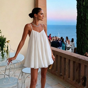 Minivestido blanco de punto con tirantes finos, estilo bohemio, casual de verano, sin mangas, color liso, con bajo acampanado, transpirable, cintura imperio, para club. - Product Image 4