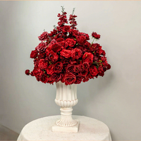 Susunan Bunga Mawar Sutra Merah Tua Mewah dan Hydrangea dengan Vas Romawi Putih, Dekorasi Meja Modern 30-80cm untuk Pernikahan