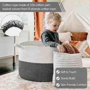 90L <b>Large</b> Blanket <b>Basket</b> Woven <b>Storage</b> <b>Baskets</b> for Laundry Pillows Toys Decorative Cotton Rope <b>Basket</b> with Handles - Product Image 2